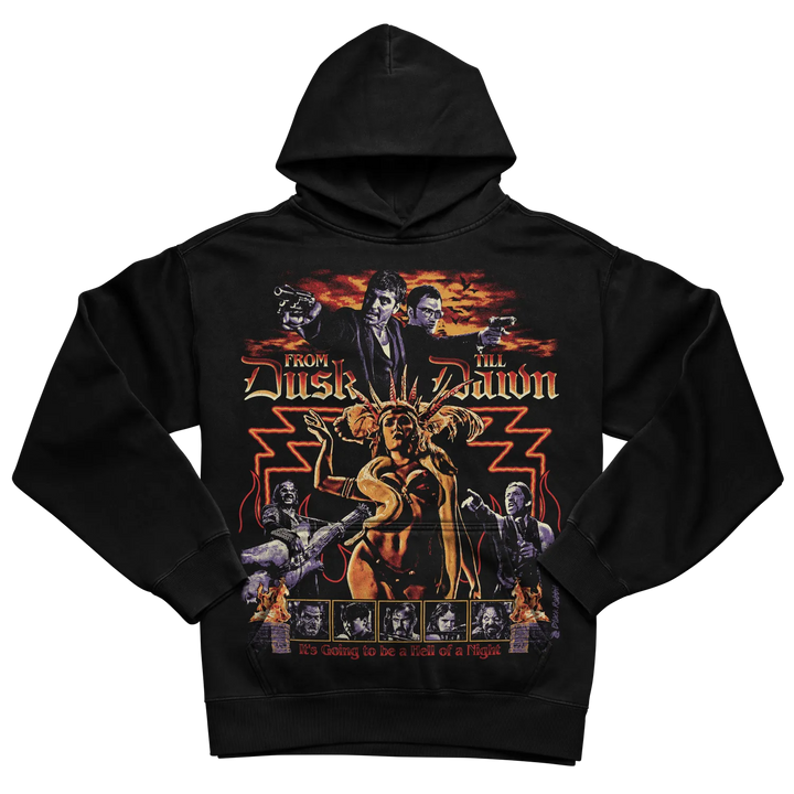 Black hoodie with graphic design of band ’from dusk till dawn’ and demonic imagery, featuring a hooded figure holding a sword. 