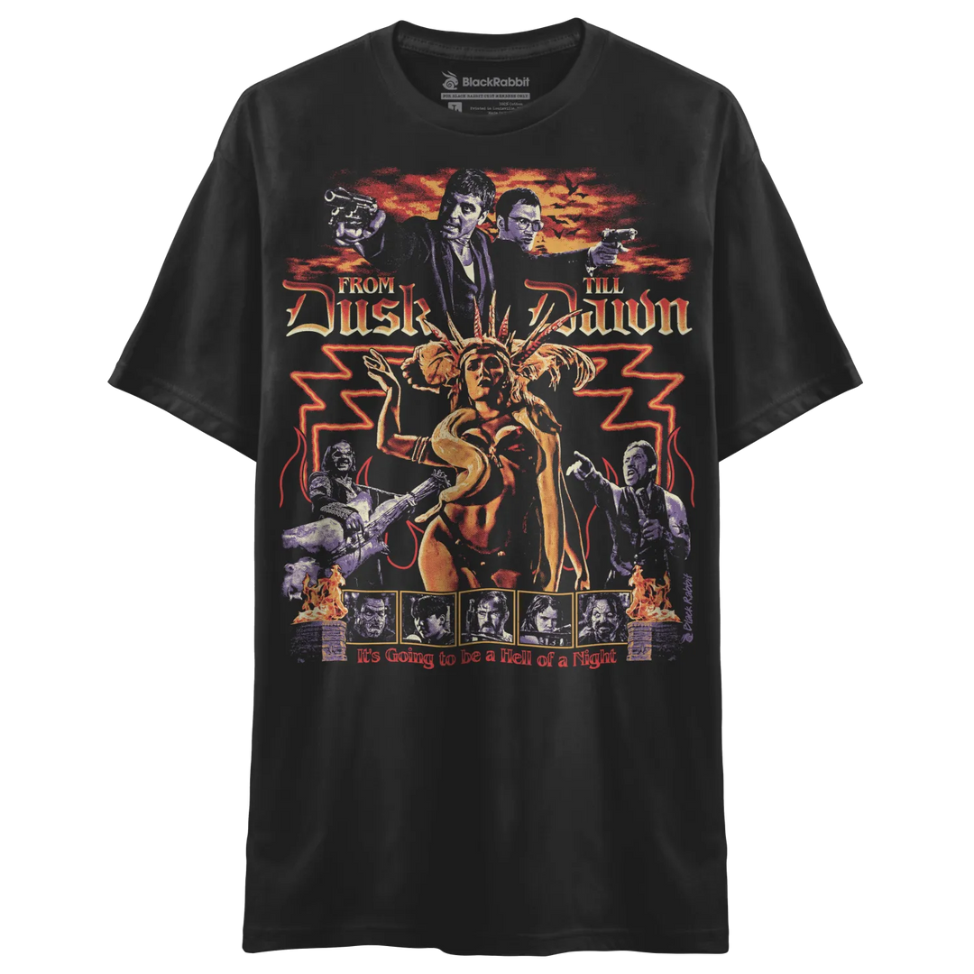Black t-shirt with a colorful ’From Dusk Till Dawn’ movie poster graphic.