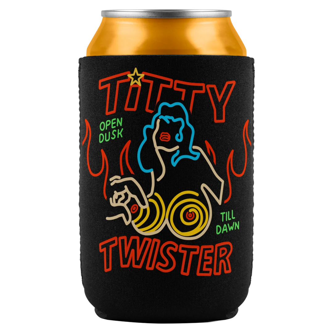 Black neoprene insulated can cooler with neon woman graphic orange flames and titty twister text from dusk till dawn dead officially licensed
