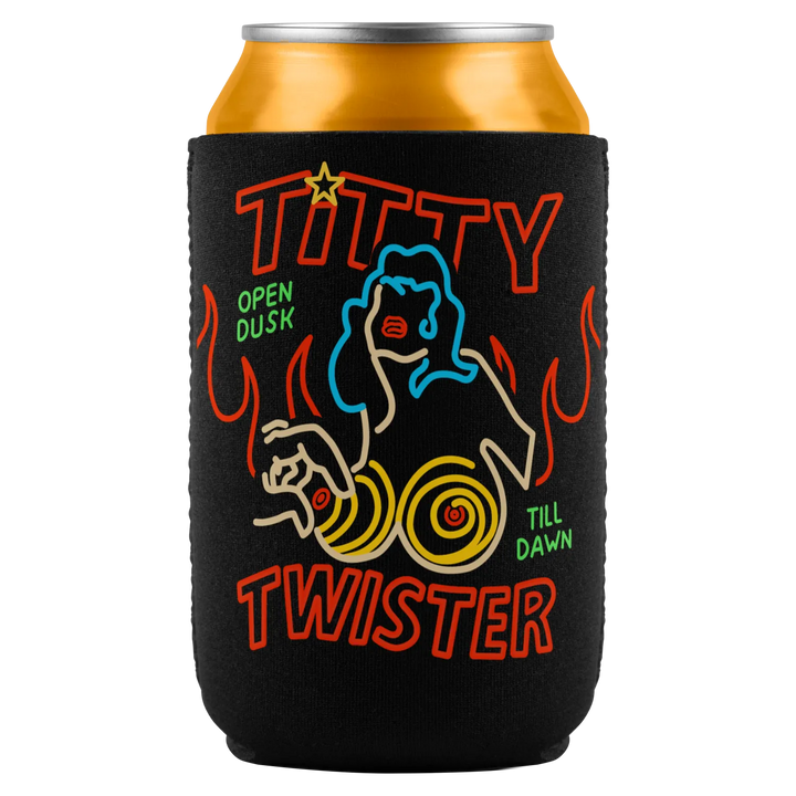 Black neoprene insulated can cooler with neon woman graphic orange flames and titty twister text from dusk till dawn dead officially licensed