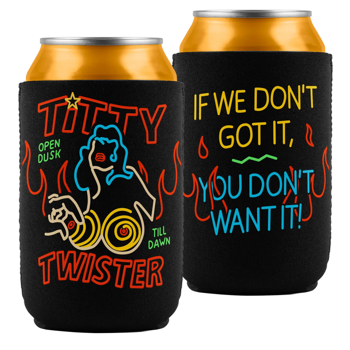 Black insulated can cooler with neon living dead logo in orange blue yellow and green trioxin officially licensed