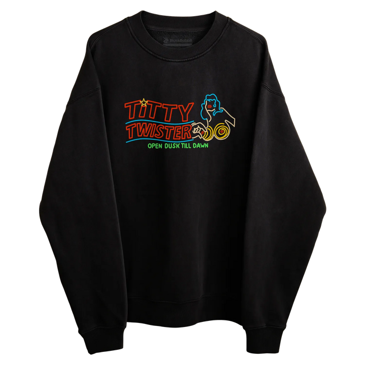 Black Rabbit Crewneck Sweatshirt with a colorful ’From Dusk Till Dawn’ inspired Titty Twister logo printed across the chest.
