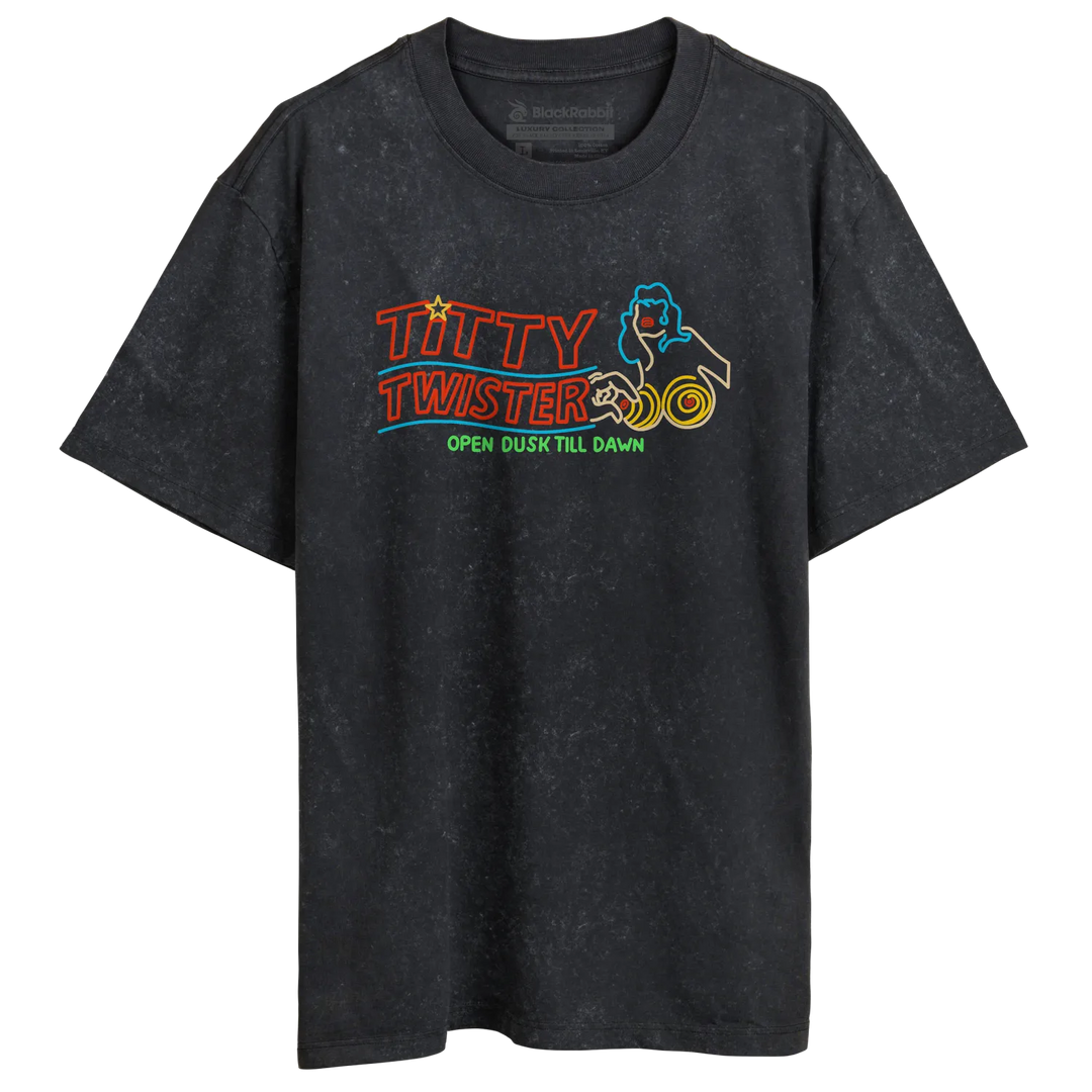 Black Rabbit Stone Washed Luxury Heavy Tee with a colorful ’From Dusk Till Dawn’ inspired Titty Twister logo printed across the chest.