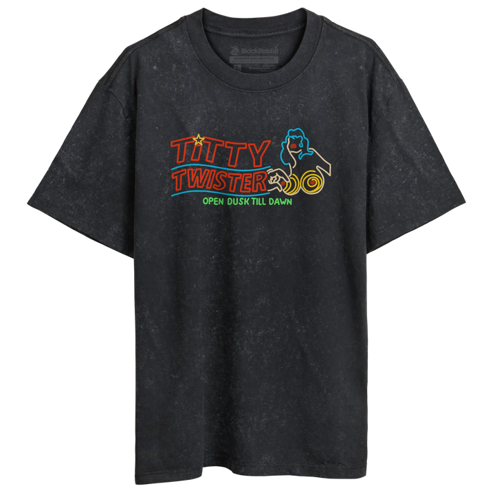Black Rabbit Stone Washed Luxury Heavy Tee with a colorful ’From Dusk Till Dawn’ inspired Titty Twister logo printed across the chest.