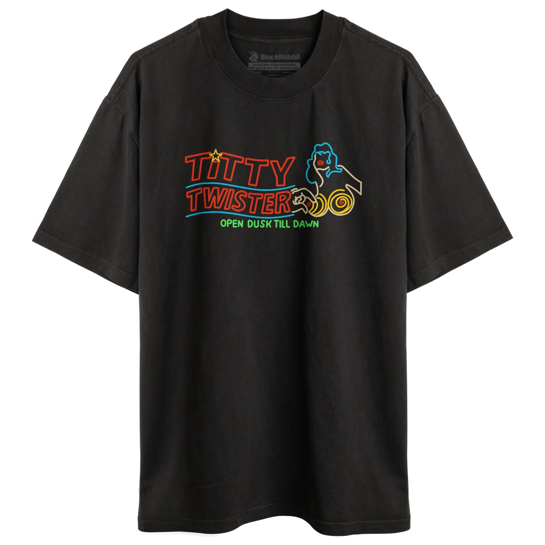 Black Rabbit Luxury Heavy Tee in Faded Black color with a colorful ’From Dusk Till Dawn’ inspired Titty Twister logo printed across the chest.