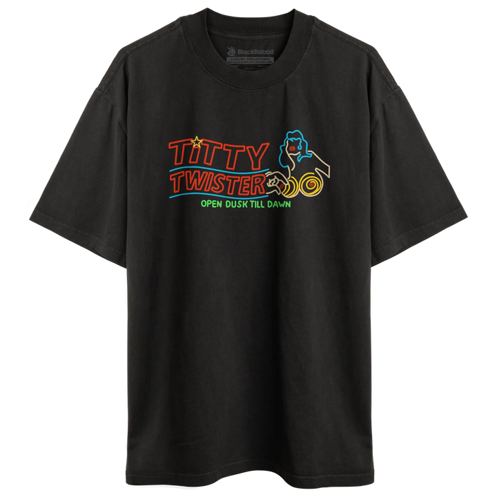 Black Rabbit Luxury Heavy Tee in Faded Black color with a colorful ’From Dusk Till Dawn’ inspired Titty Twister logo printed across the chest.