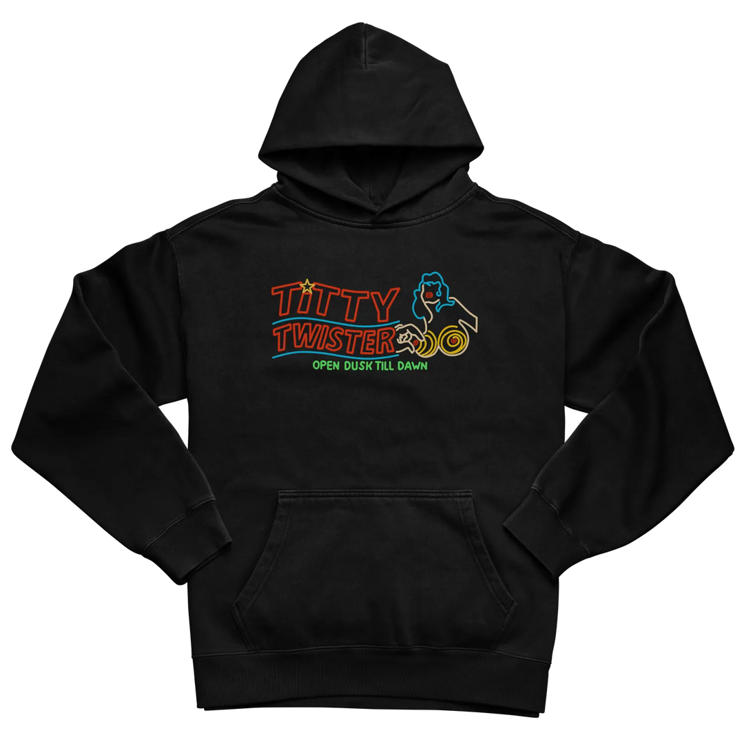 Black Rabbit Luxury Hoodie with a colorful ’From Dusk Till Dawn’ inspired Titty Twister logo printed across the chest.