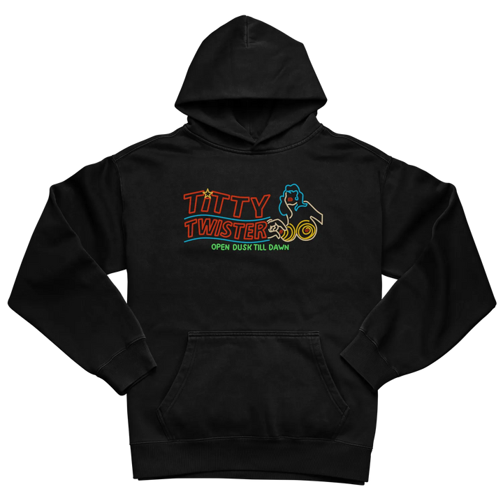 Black Rabbit Luxury Hoodie with a colorful ’From Dusk Till Dawn’ inspired Titty Twister logo printed across the chest.