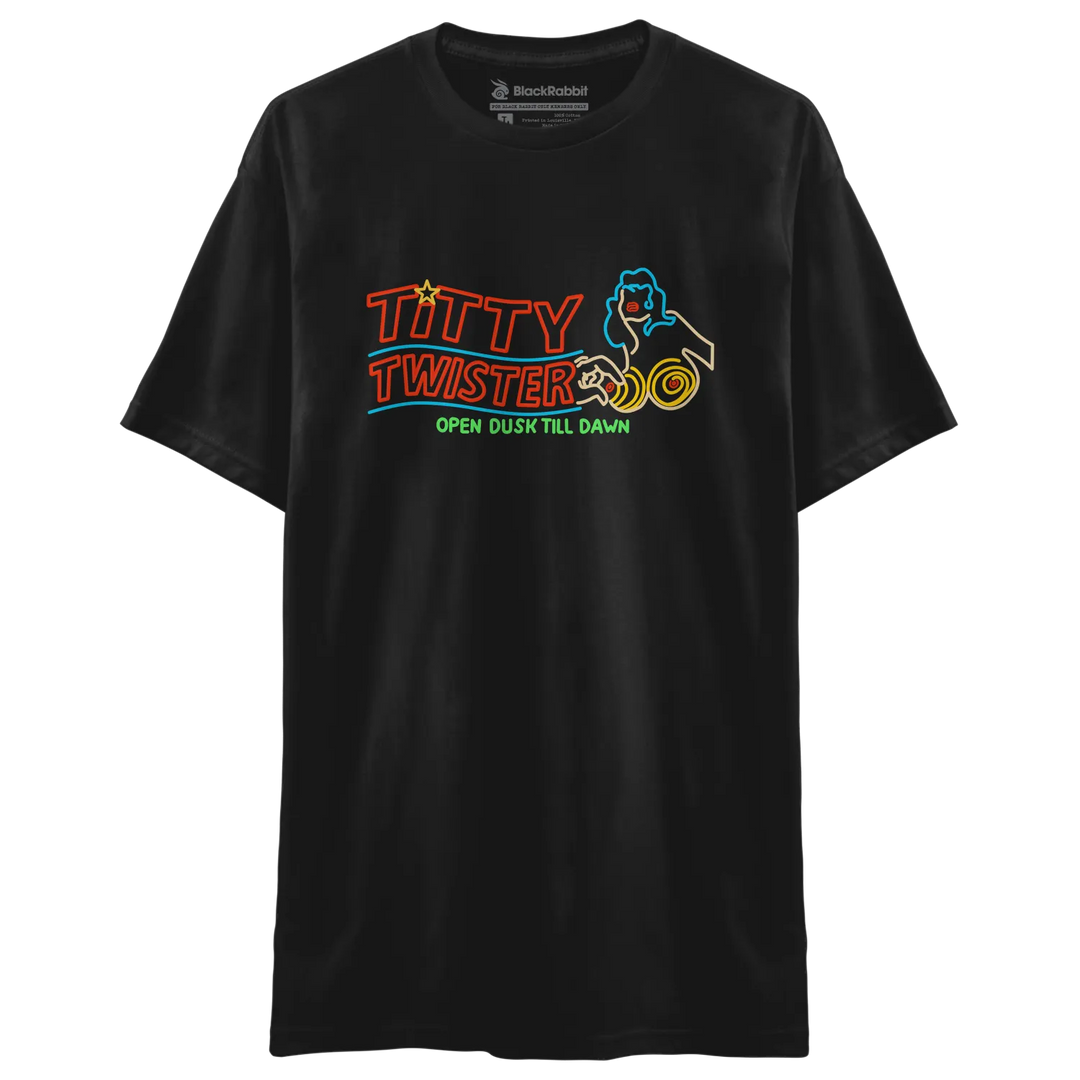 Black Rabbit Soft Premium Tee with a colorful ’From Dusk Till Dawn’ inspired Titty Twister logo printed across the chest.