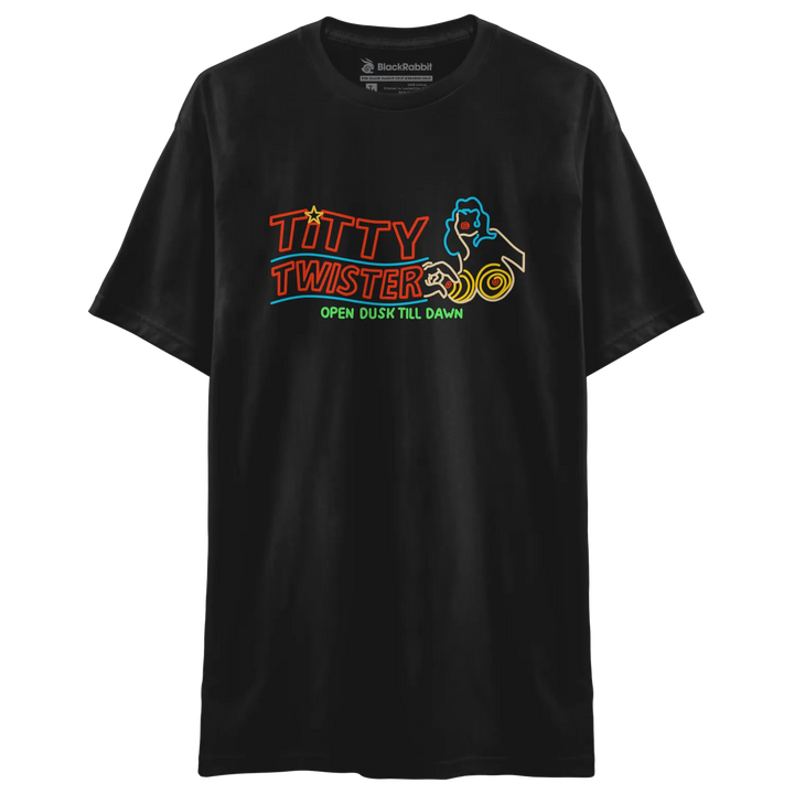 Black Rabbit Soft Premium Tee with a colorful ’From Dusk Till Dawn’ inspired Titty Twister logo printed across the chest.
