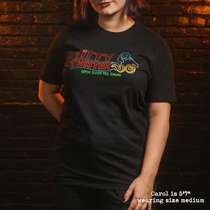 Female model wearing soft premium tee with Titty Twister graphic