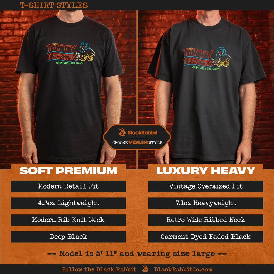 Black t-shirt with neon dusk till dawn titty twister graphic and text open dusk till dawn perfect for 90s horror fans