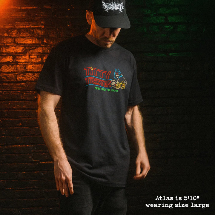 Male model wearing soft premium tee with Titty Twister graphic