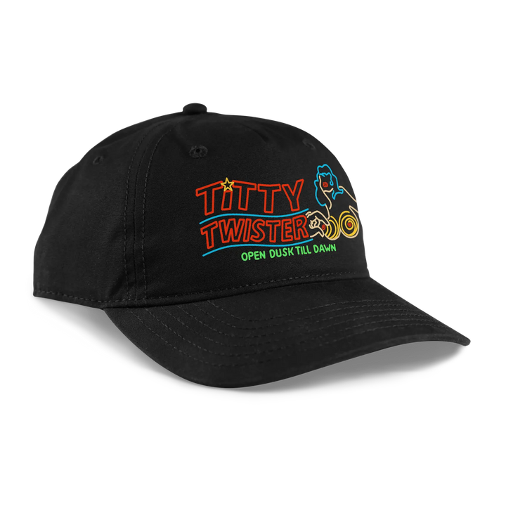 Black baseball cap featuring a neon-style ’titty twister’ logo with red, blue, and green lettering and graphics.