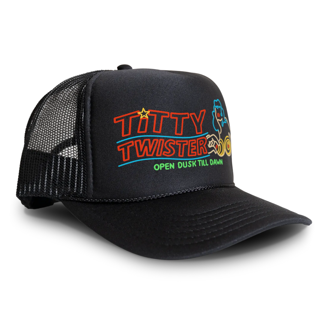 Black trucker hat with ’Titty Twister’ neon sign logo.