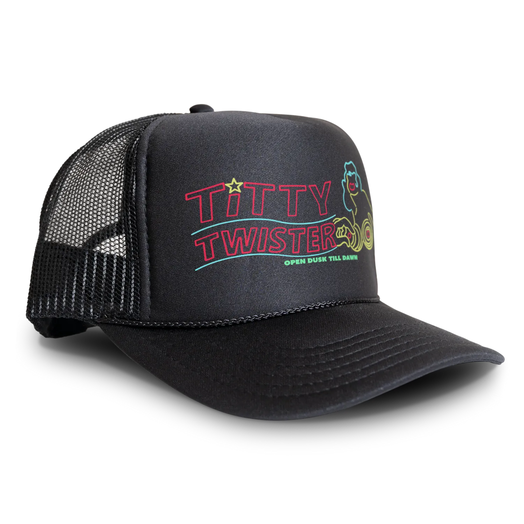 Black trucker hat with ’Titty Twister’ neon sign logo.