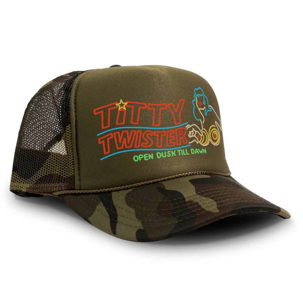Olive green and camouflage trucker hat with a neon sign graphic.