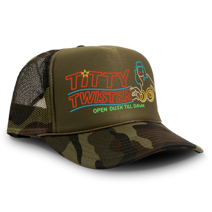 Olive green and camouflage trucker hat with a neon sign graphic.