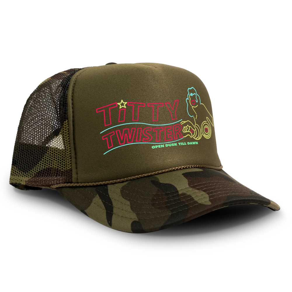 Camo trucker hat with ’Titty Twister Open Dusk Till Dawn’ neon sign graphic.