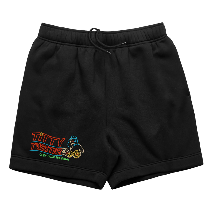 Black shorts with ’titty twister’ logo and neon text design.