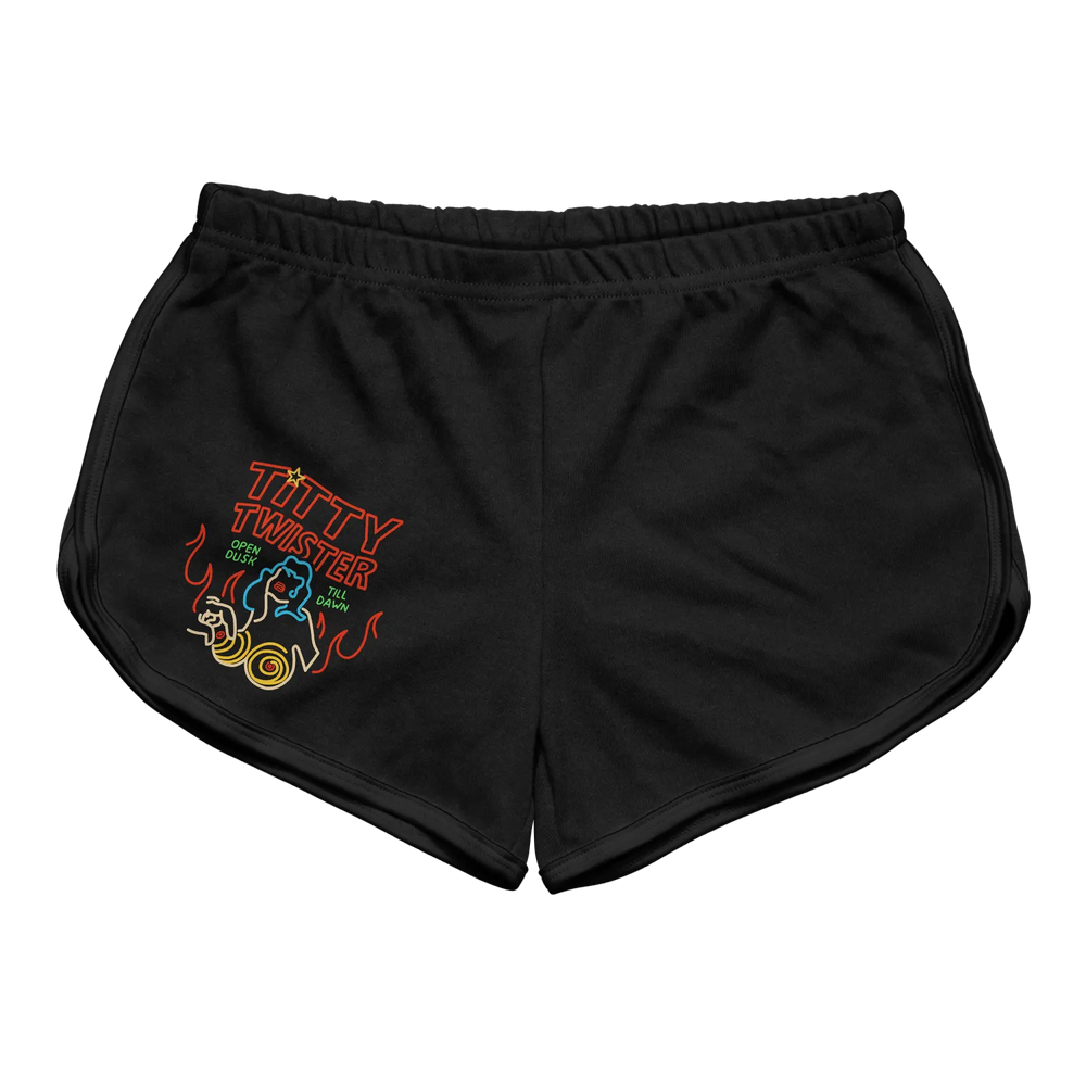 Black athletic shorts featuring a neon-style embroidered graphic of the titty twister game with red, blue, and yellow lettering.