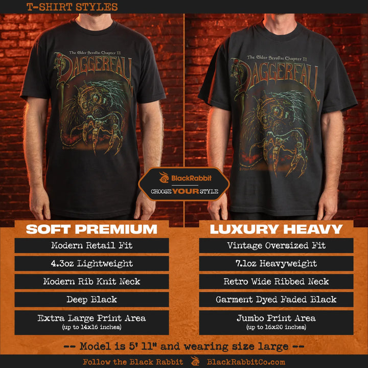 Two black t-shirts, one a soft premium modern retail fit and the other a luxury heavy vintage oversized fit, both featuring a ’Daggerfall’ graphic print.