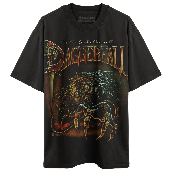 Dark gray t-shirt with a detailed, colorful graphic print.