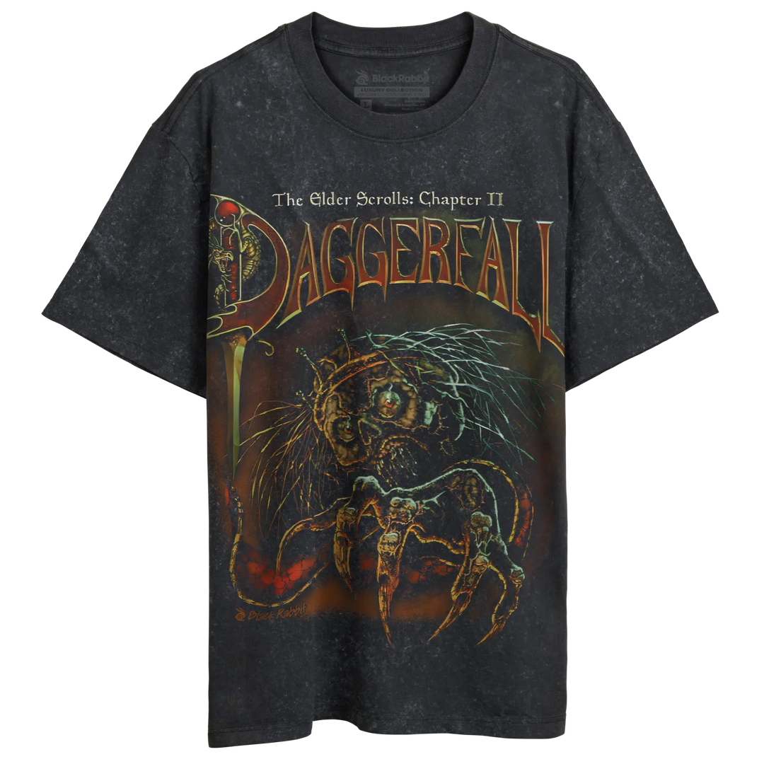 A dark gray, short-sleeved t-shirt with a detailed, colorful graphic of a monstrous creature and game title.