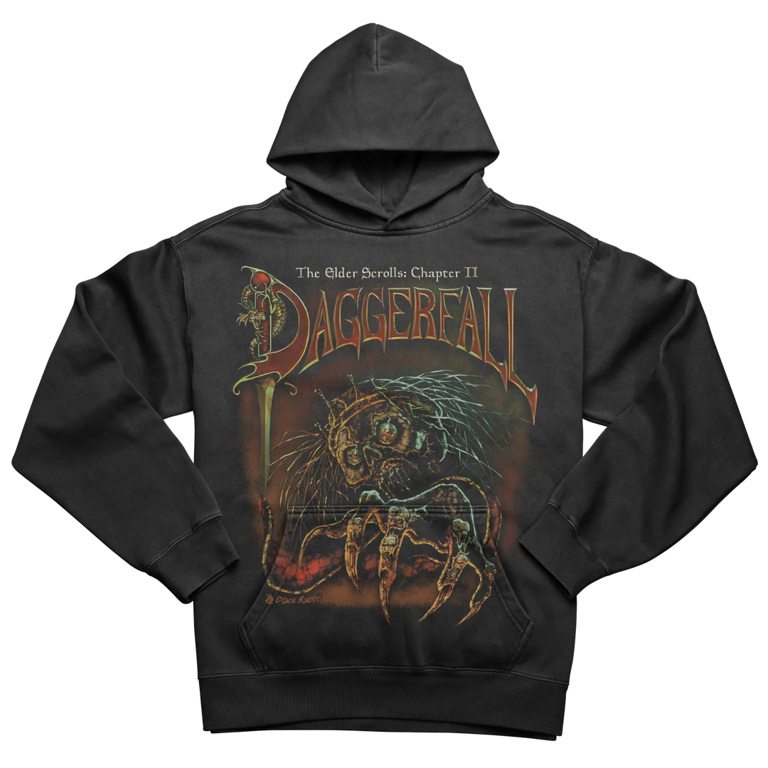 Black hooded sweatshirt with a graphic print of a monstrous creature and ’Daggerfall’ text.