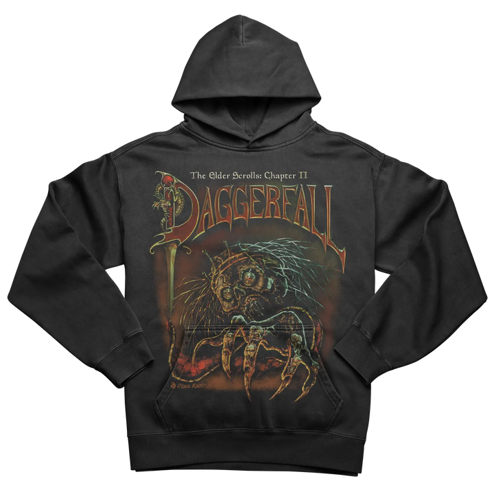 Black hooded sweatshirt with a graphic print of a monstrous creature and ’Daggerfall’ text.