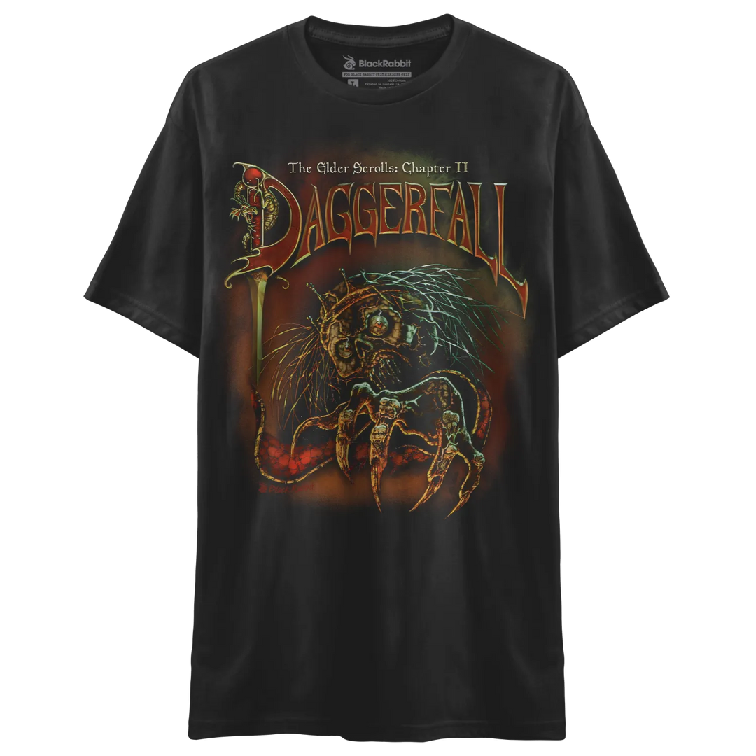 A short-sleeved, black graphic t-shirt featuring a stylized ’Daggerfall’ logo and a monstrous, multi-eyed creature with sharp claws.