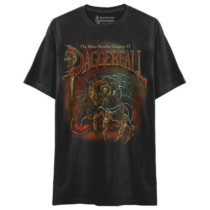 A short-sleeved, black graphic t-shirt featuring a stylized ’Daggerfall’ logo and a monstrous, multi-eyed creature with sharp claws.