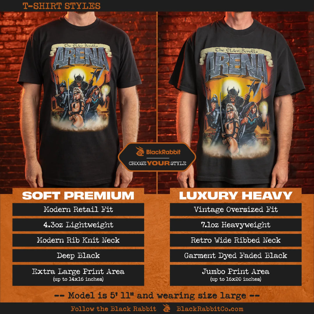 Two black t-shirts, one a soft premium modern retail fit and the other a luxury heavy vintage oversized fit, both featuring a ’The Elder Scrolls Arena’ graphic.