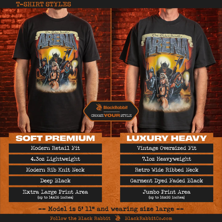 Two black t-shirts, one a soft premium modern retail fit and the other a luxury heavy vintage oversized fit, both featuring a ’The Elder Scrolls Arena’ graphic.