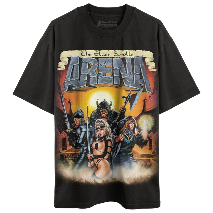 Black short-sleeved t-shirt with a colorful ’The Elder Scrolls Arena’ graphic.