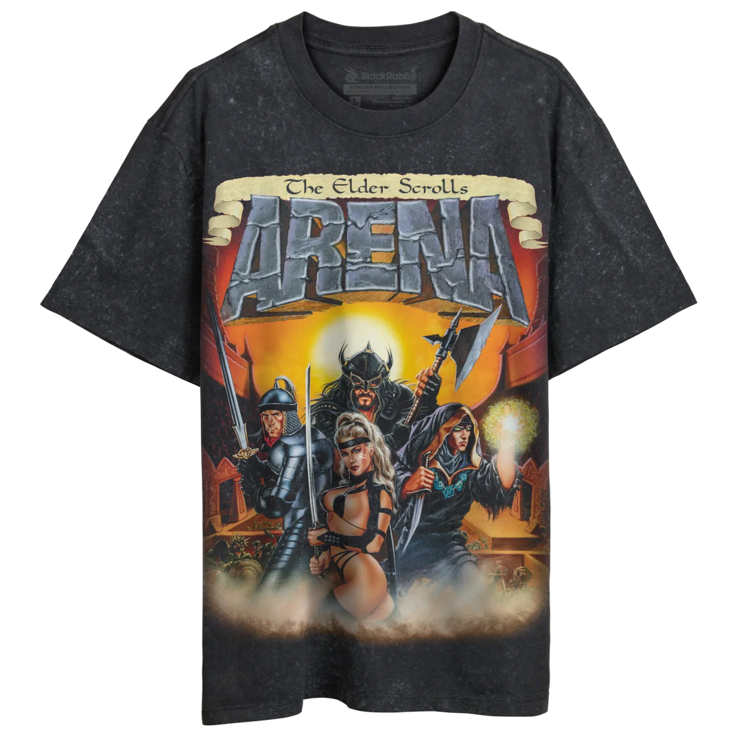 Washed black graphic t-shirt featuring ’The Elder Scrolls Arena’ artwork.