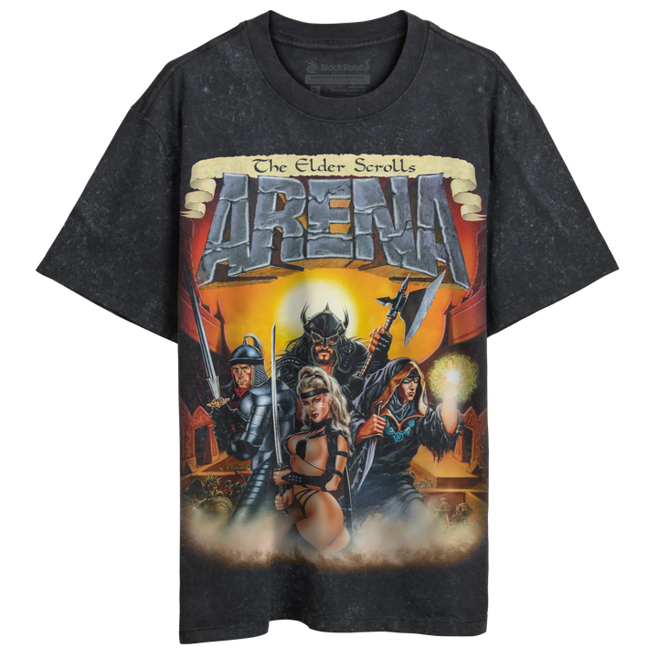 Washed black graphic t-shirt featuring ’The Elder Scrolls Arena’ artwork.
