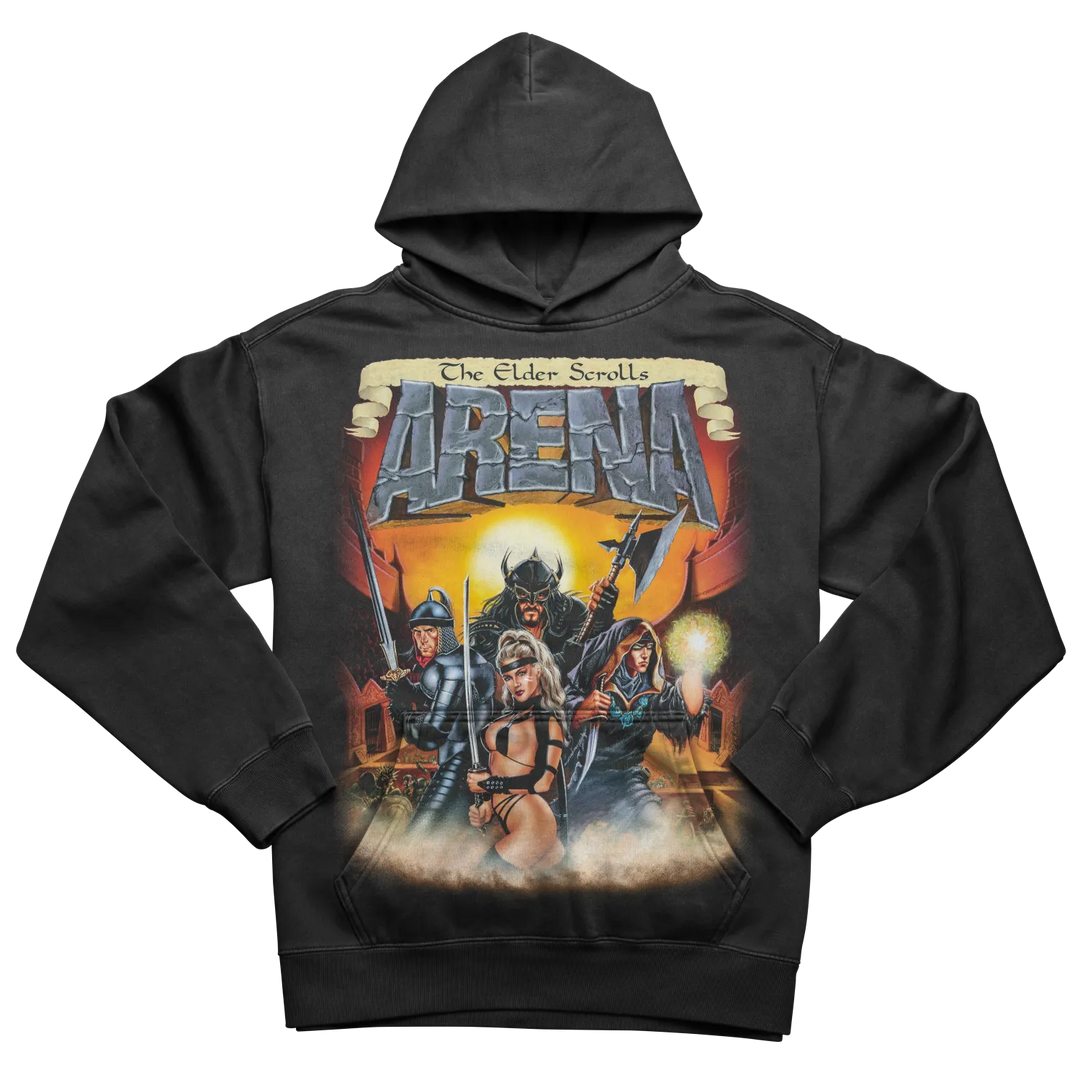 Black hooded sweatshirt with ’The Elder Scrolls Arena’ graphic print.