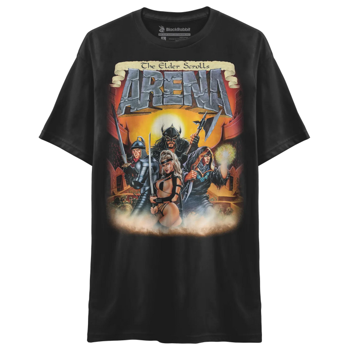 Black t-shirt with ’The Elder Scrolls Arena’ game cover art.