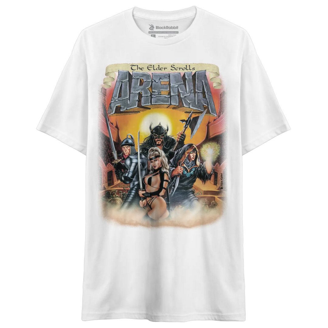White t-shirt with ’The Elder Scrolls Arena’ game cover art.
