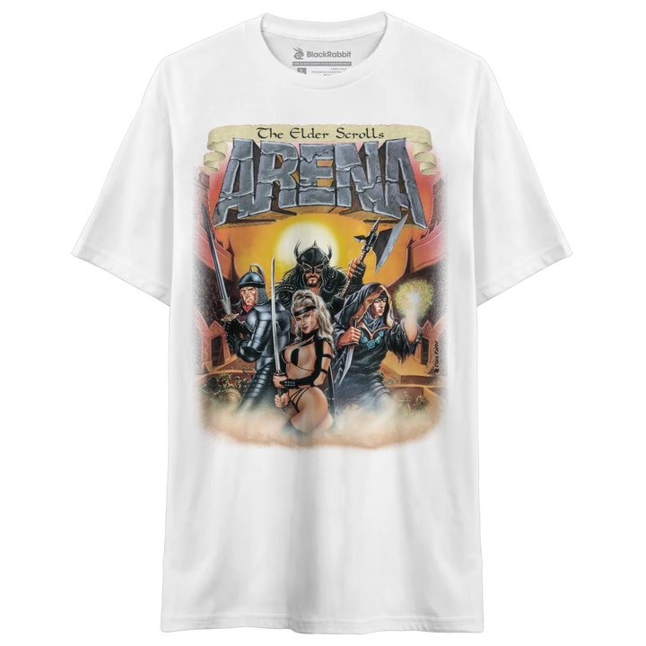 White t-shirt with ’The Elder Scrolls Arena’ game cover art.