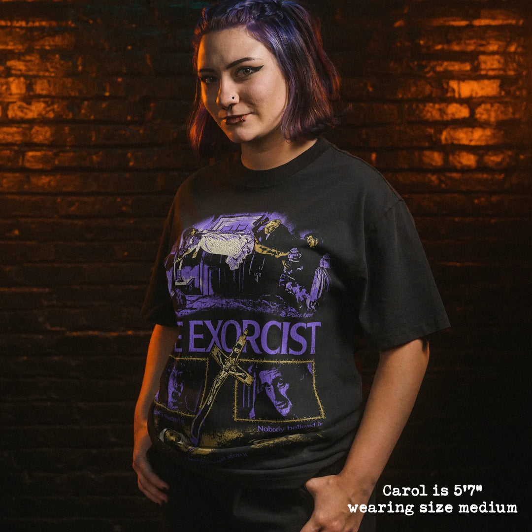 Model wearing heavy tee with exorcist graphic 