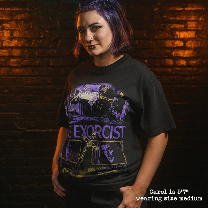 Model wearing heavy tee with exorcist graphic 
