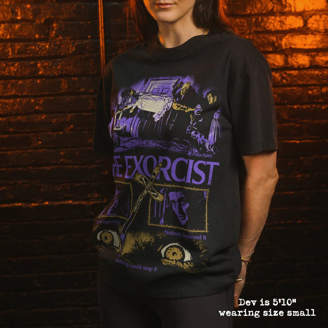 Model wearing heavy tee with exorcist graphic 