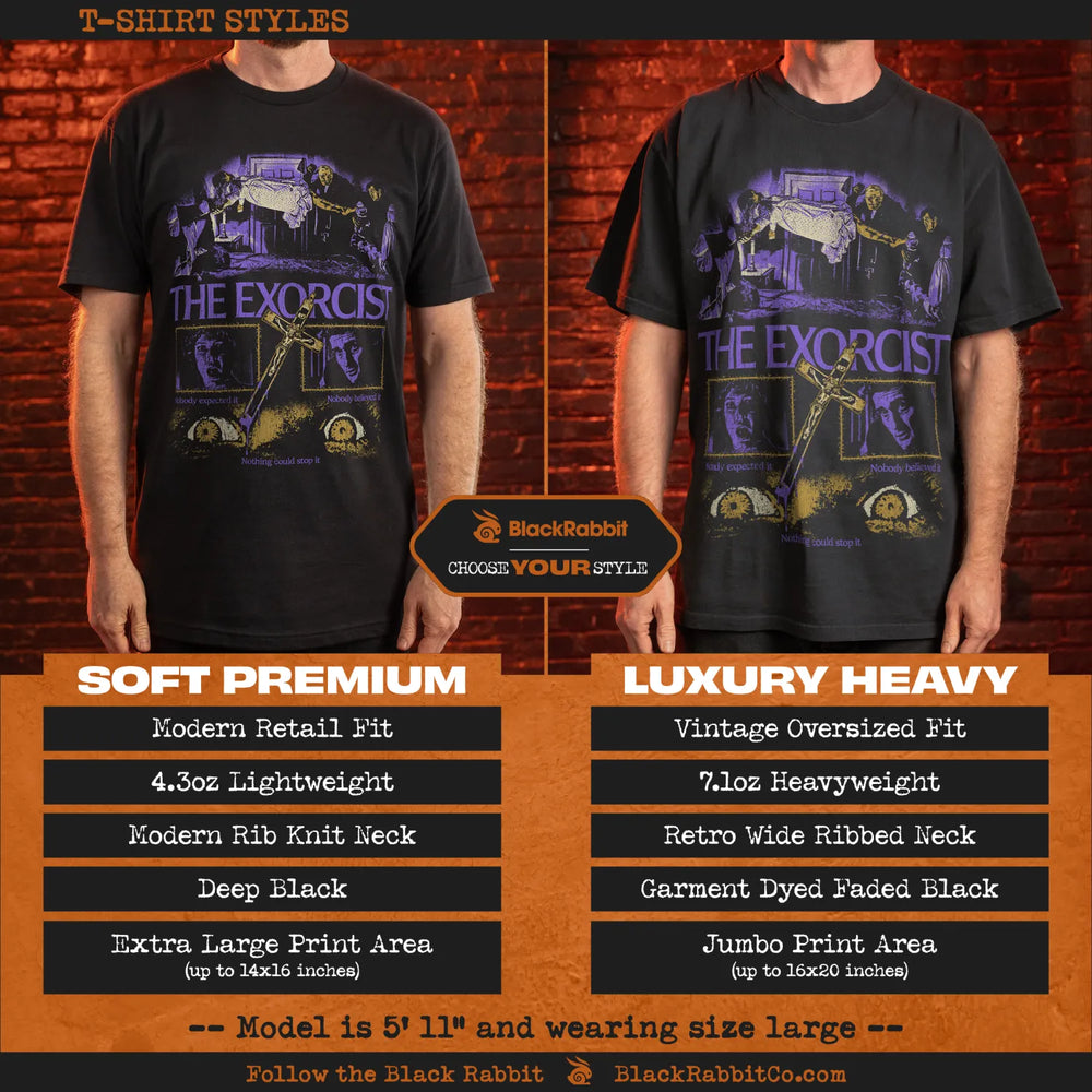 A comparison of two black ’The Exorcist’ t-shirt styles: soft premium and luxury heavy.