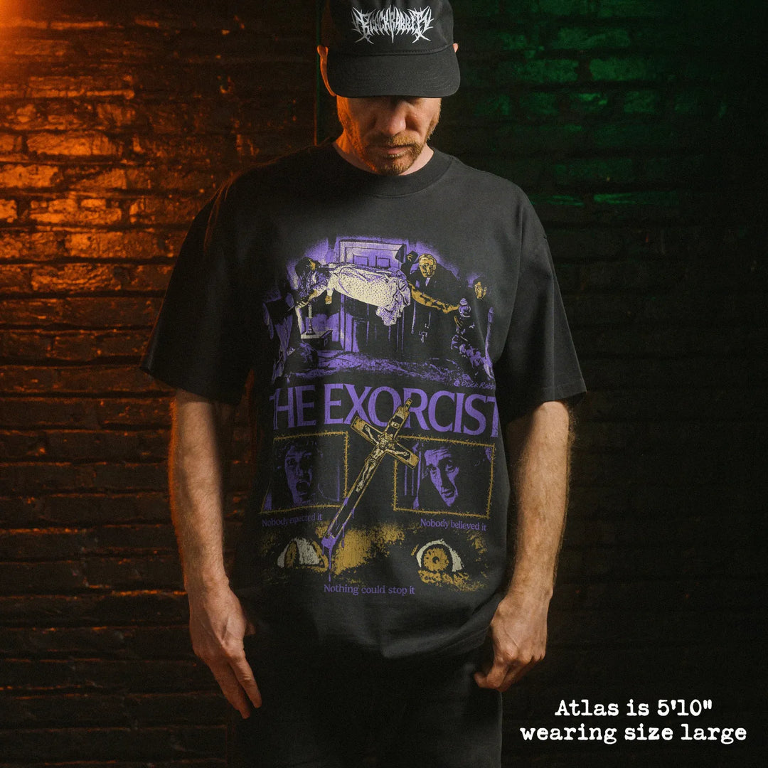 Model wearing heavy tee with exorcist graphic 