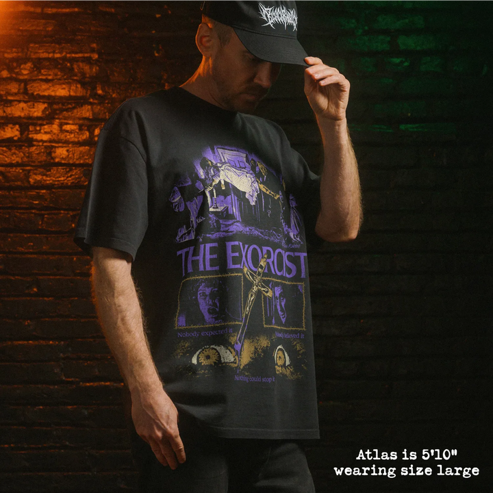 Model wearing heavy tee with exorcist graphic 