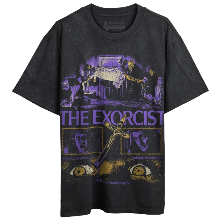 Black crewneck t-shirt with a purple and yellow graphic print of ’The Exorcist’ movie scenes and a crucifix.