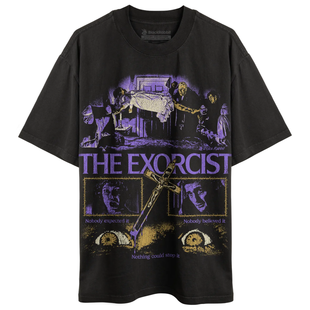 Black short-sleeved t-shirt with a vintage ’The Exorcist’ graphic print.