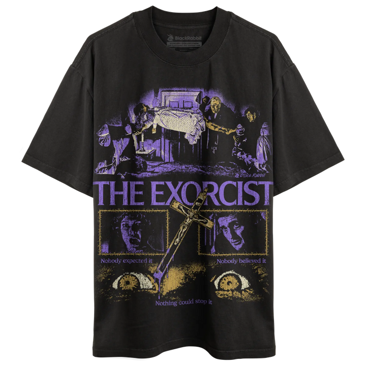 Black short-sleeved t-shirt with a vintage ’The Exorcist’ graphic print.